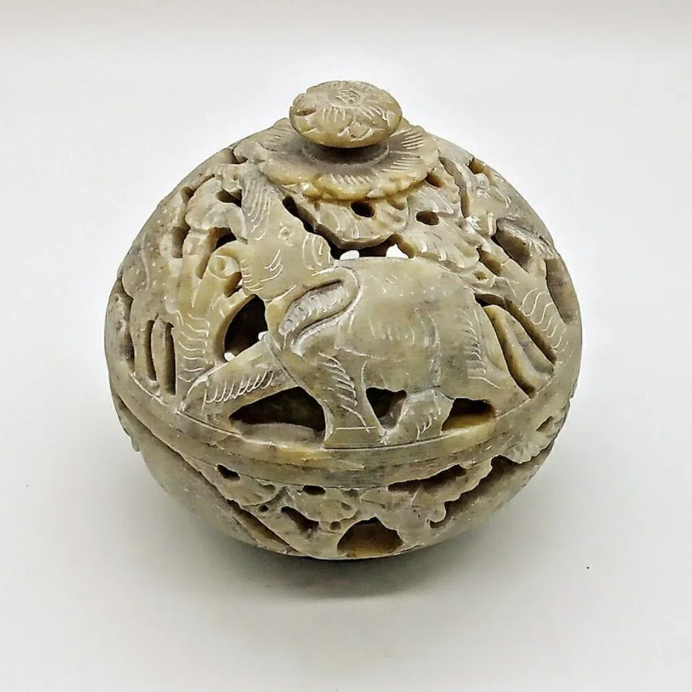 Carved Taupe Soapstone Round Candle Incense Holder